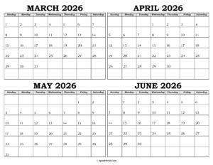 Calendar March to June 2026