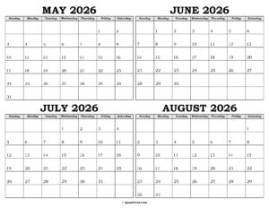 Calendar May to August 2026