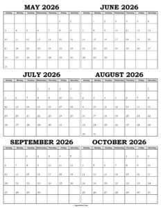 Calendar May to October 2026