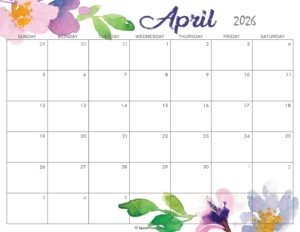 Cute April Calendar 2026 Printable