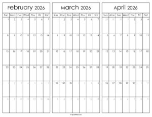 February March and April Calendar 2026