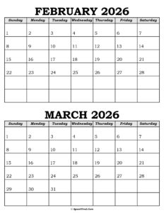 February and March Calendar 2026