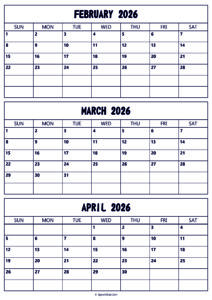February to April 2026 Calendar