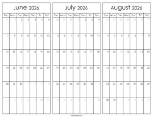 June July and August Calendar 2026