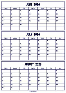 June to August 2026 Calendar