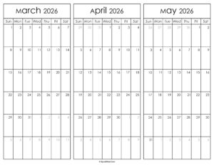 March April and May Calendar 2026