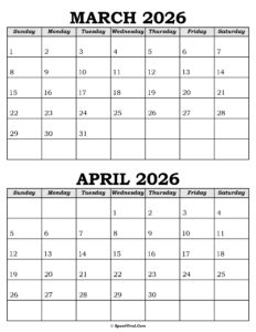 March and April Calendar 2026