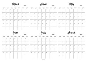 March to August 2026 Calendar