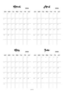 March to June 2026 Calendar