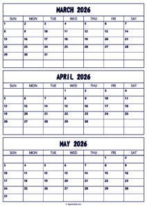 March to May 2026 Calendar