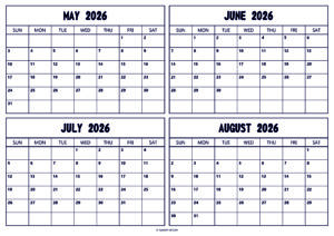 May June July August 2026 Calendar