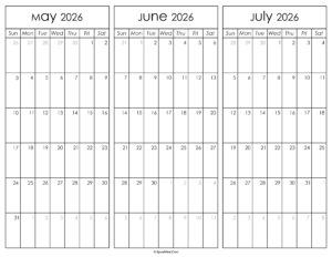 May June and July Calendar 2026