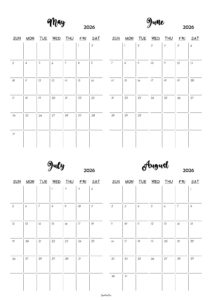 May to August 2026 Calendar