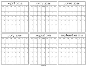 Printable April to September Calendar 2026