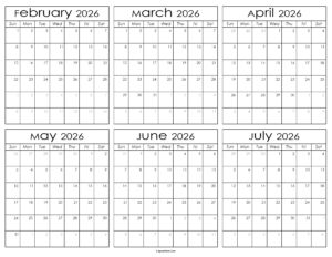 Printable February to July Calendar 2026