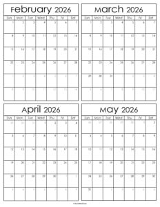 Printable February to May 2026 Calendars