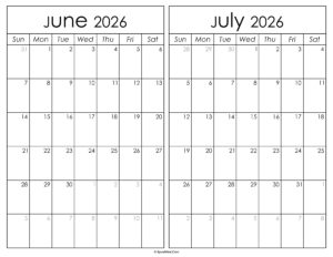 Printable June July 2026 Calendar