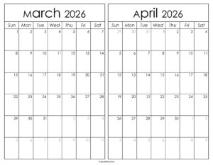 Printable March April 2026 Calendar