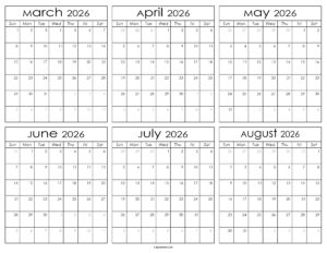 Printable March to August Calendar 2026