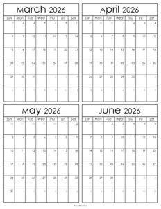 Printable March to June 2026 Calendars