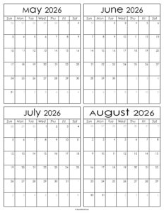 Printable May to August 2026 Calendars
