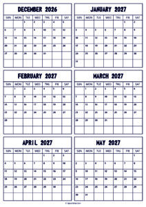 2026 December to 2027 May Calendar