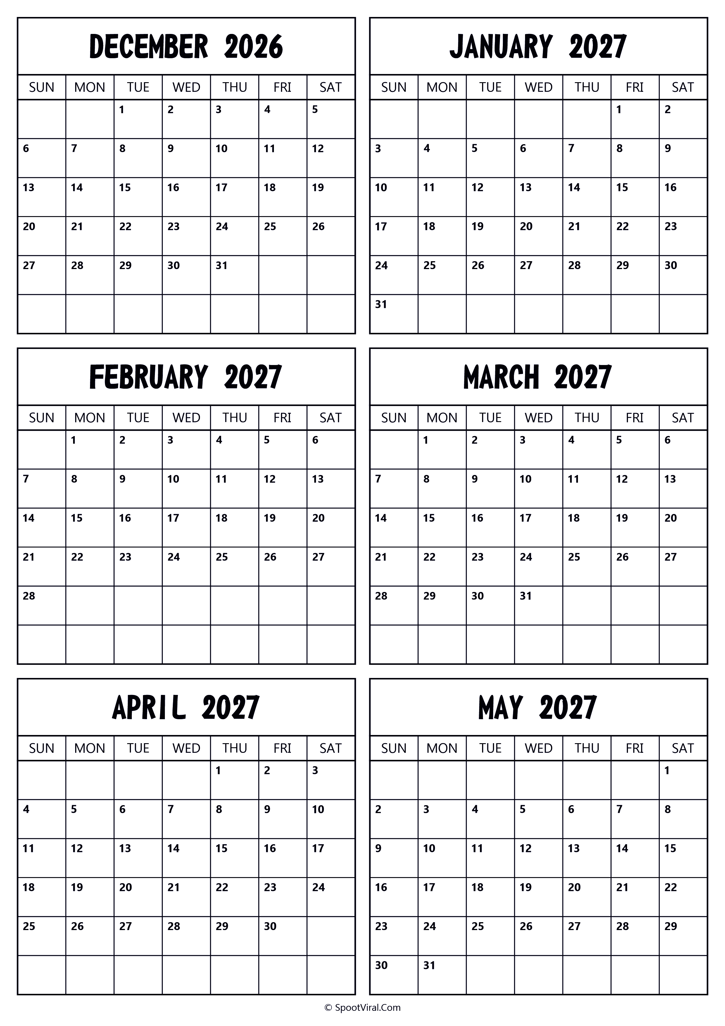 2026 December to 2027 May Calendar