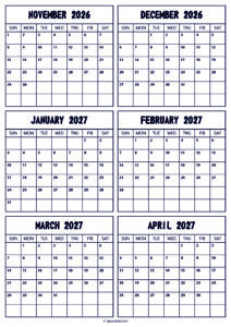 2026 November to 2027 April Calendar