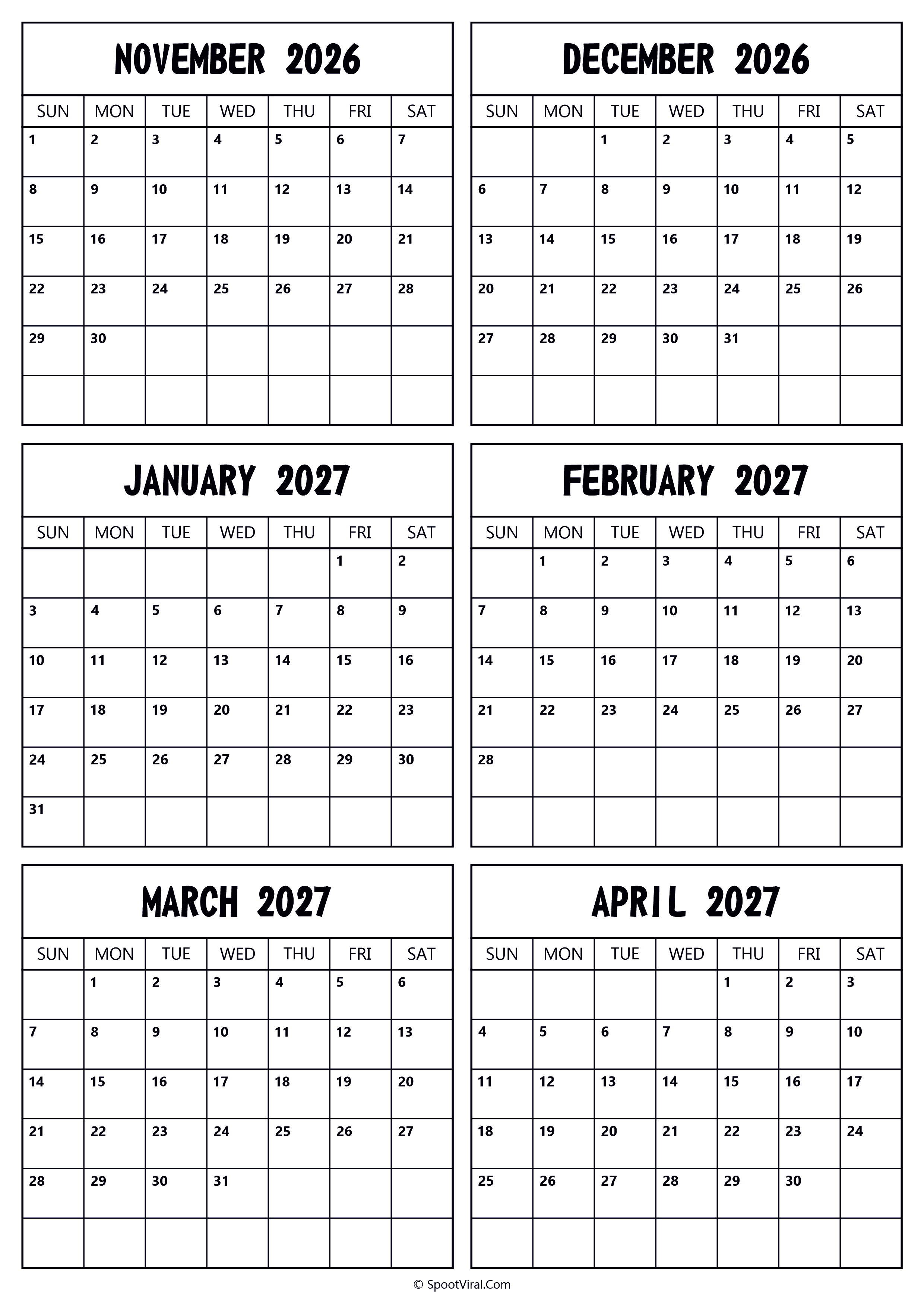 2026 November to 2027 April Calendar
