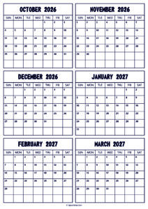 2026 October to 2027 March Calendar