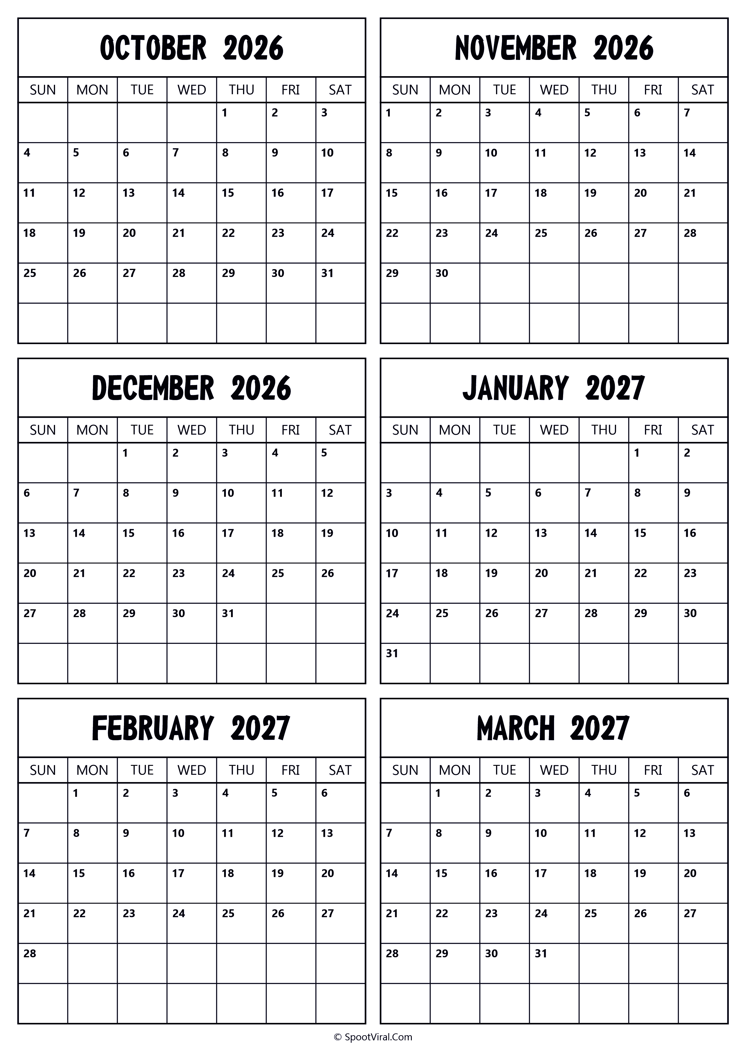 2026 October to 2027 March Calendar