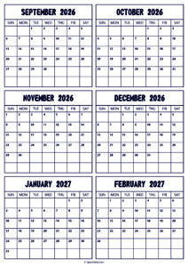 2026 September to 2027 February Calendar
