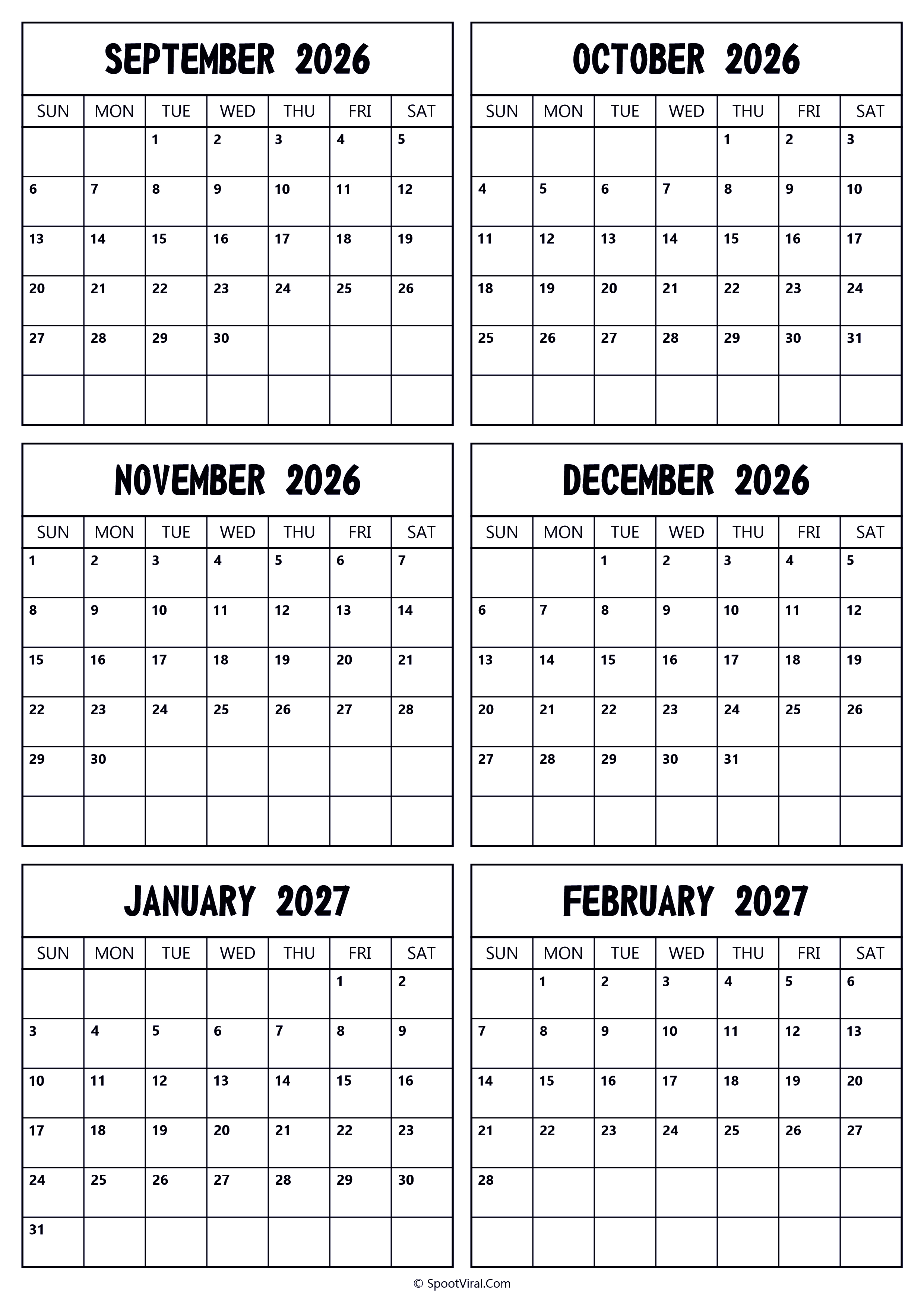 2026 September to 2027 February Calendar