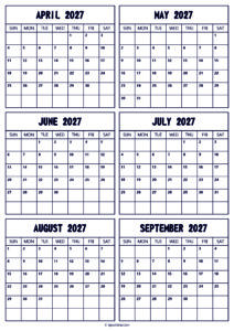 2027 April to September Calendar