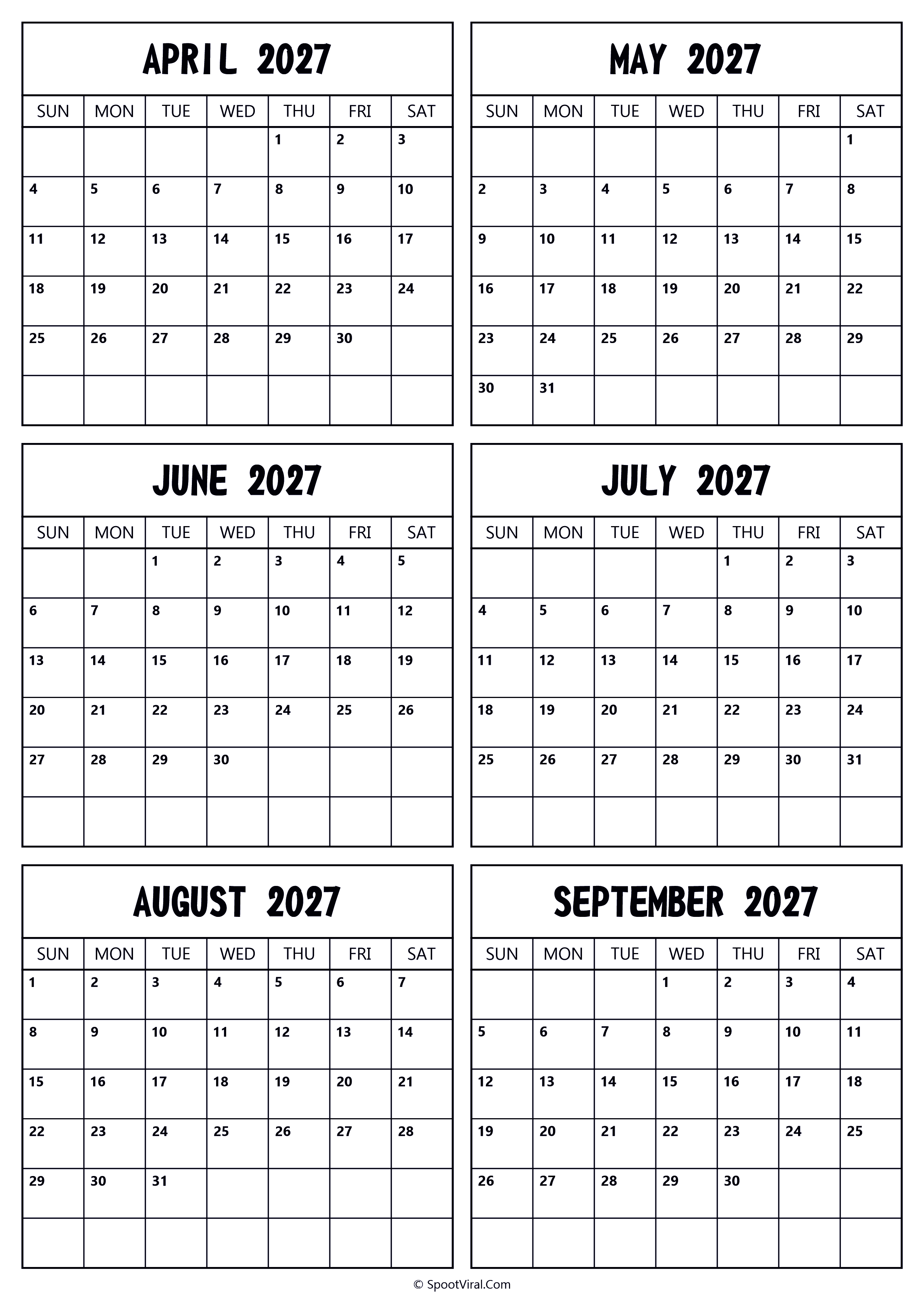 2027 April to September Calendar
