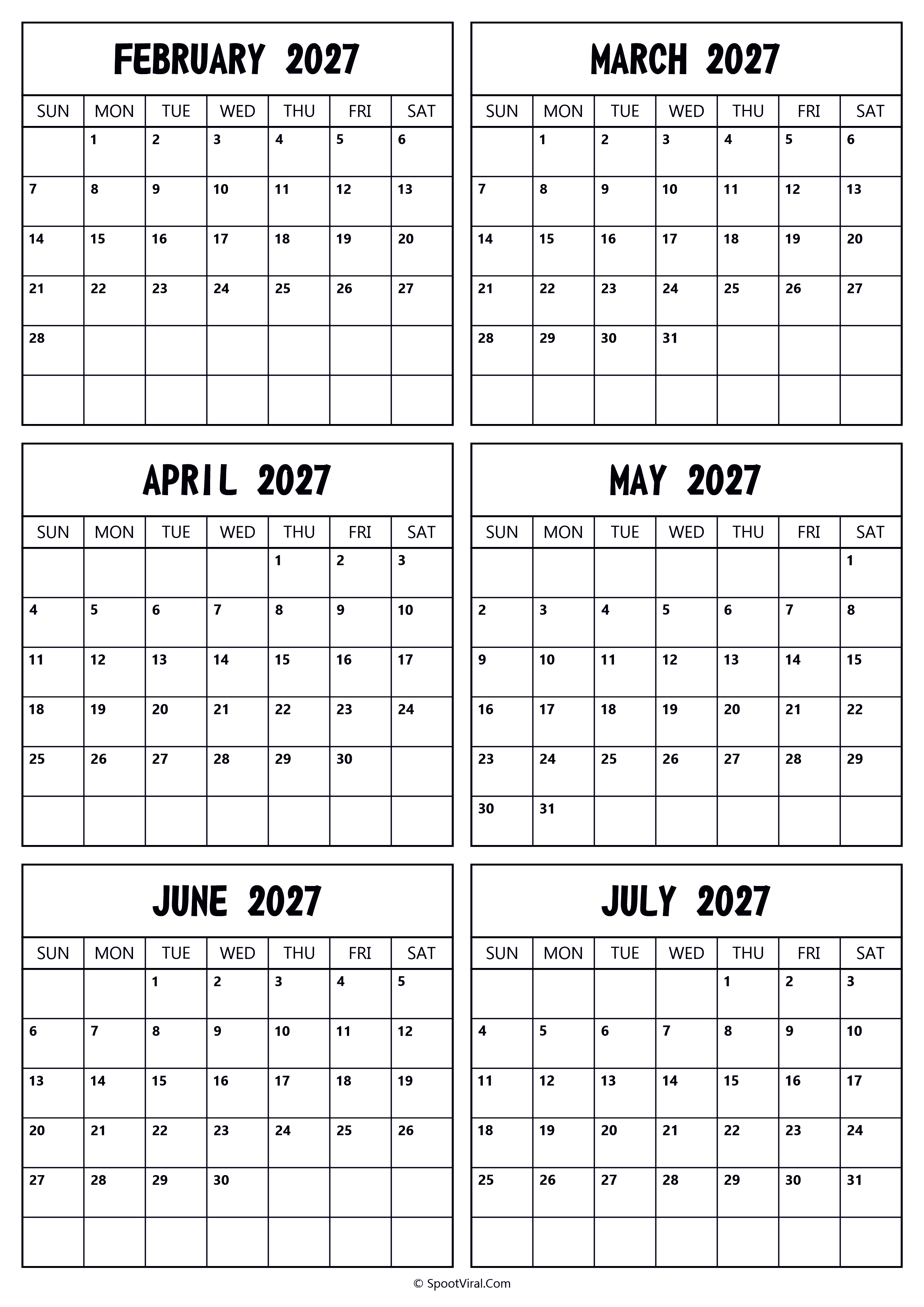 2027 February to July Calendar