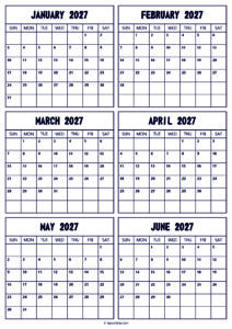 2027 January to June Calendar