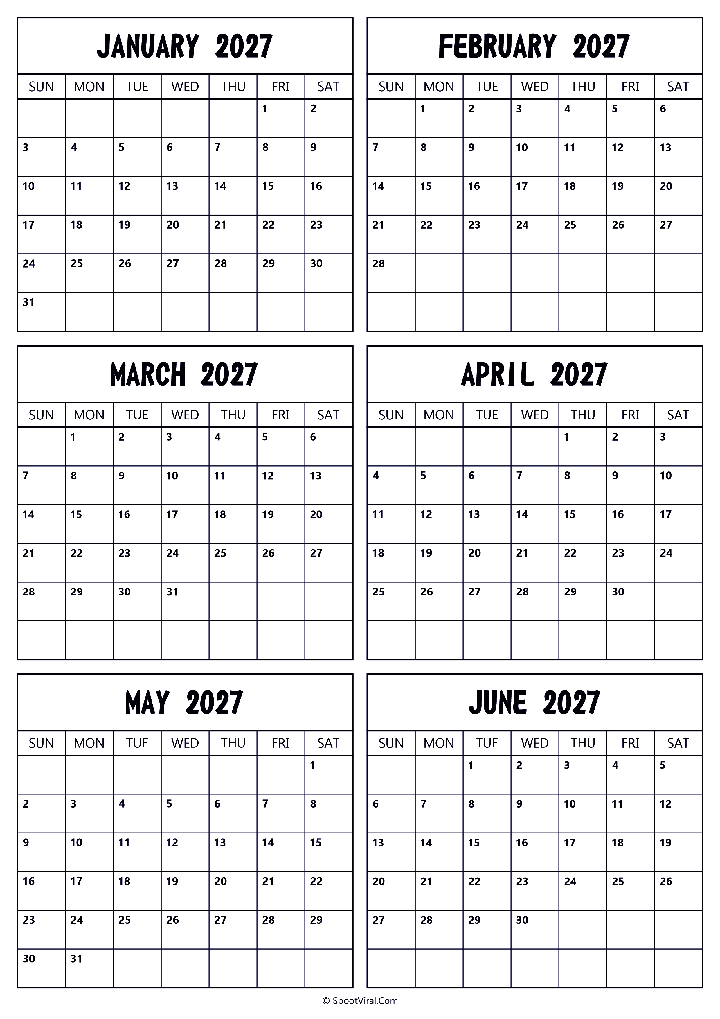 2027 January to June Calendar