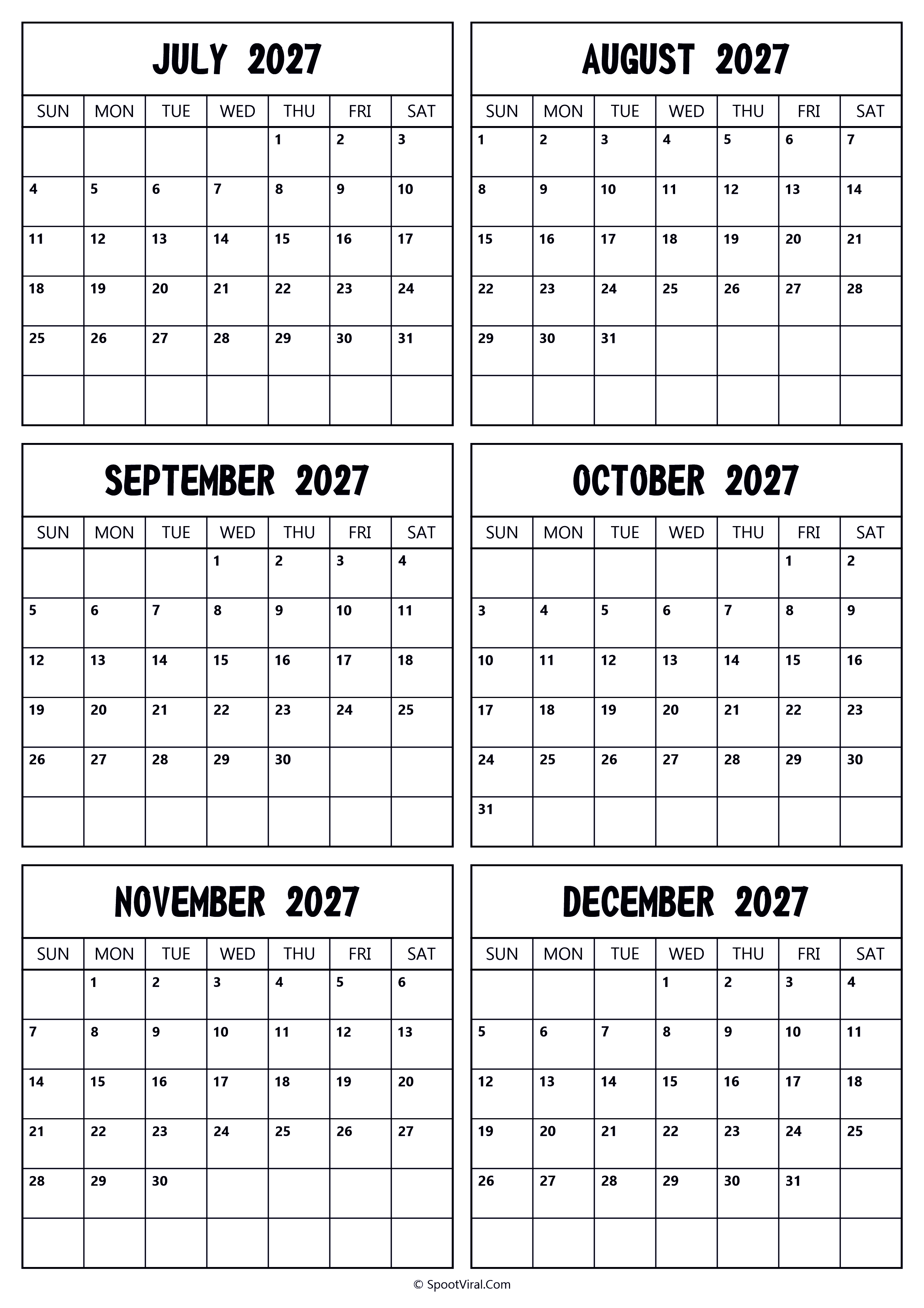 2027 July to December Calendar