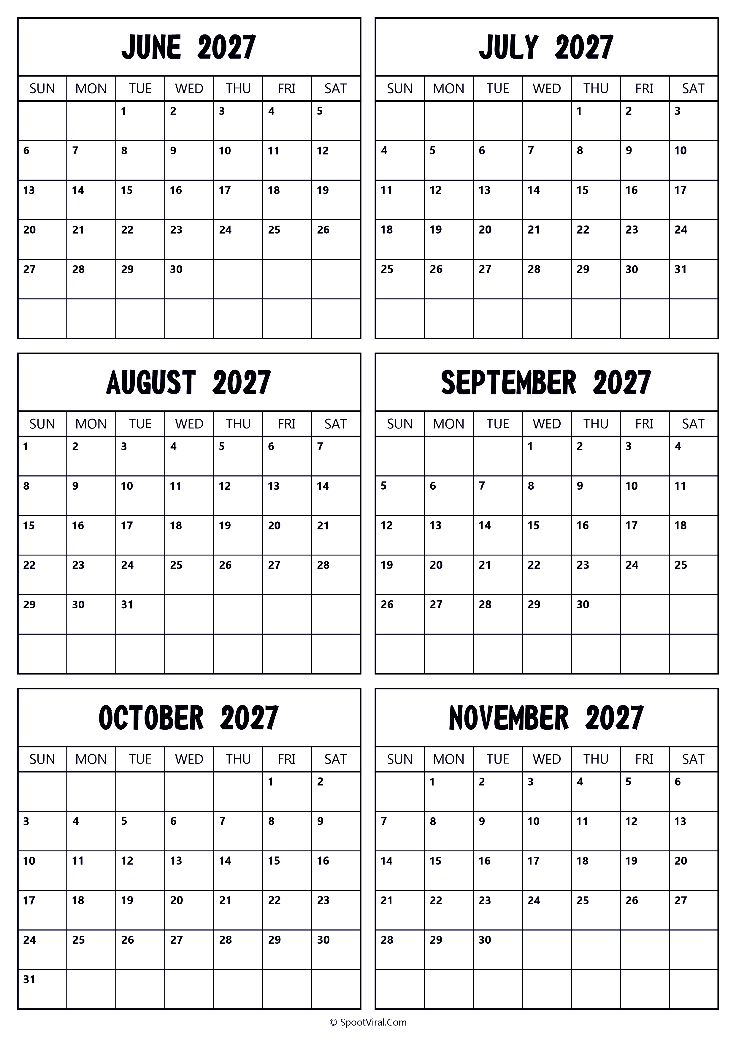 2027 June to November Calendar