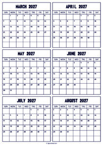 2027 March to August Calendar