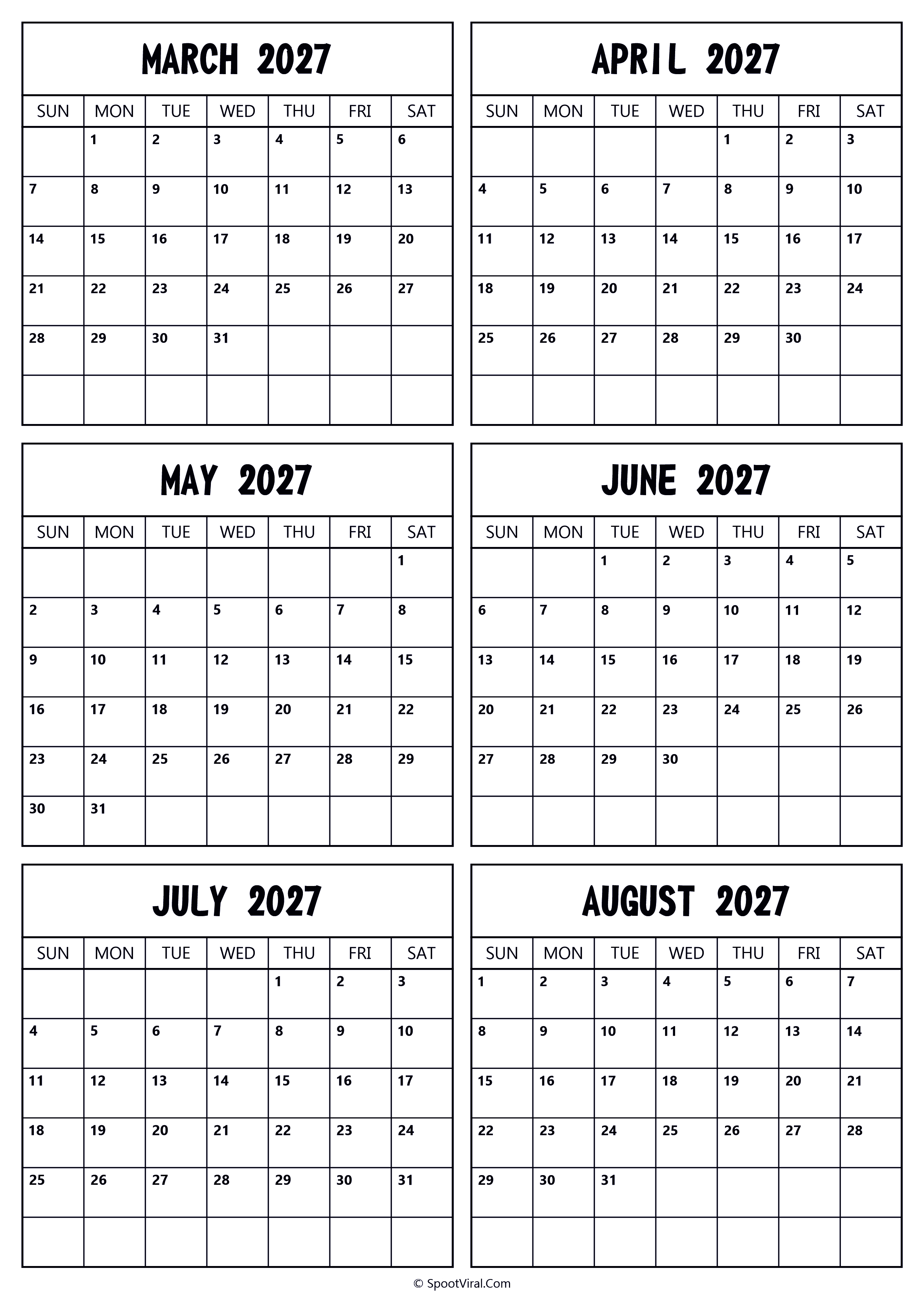 2027 March to August Calendar