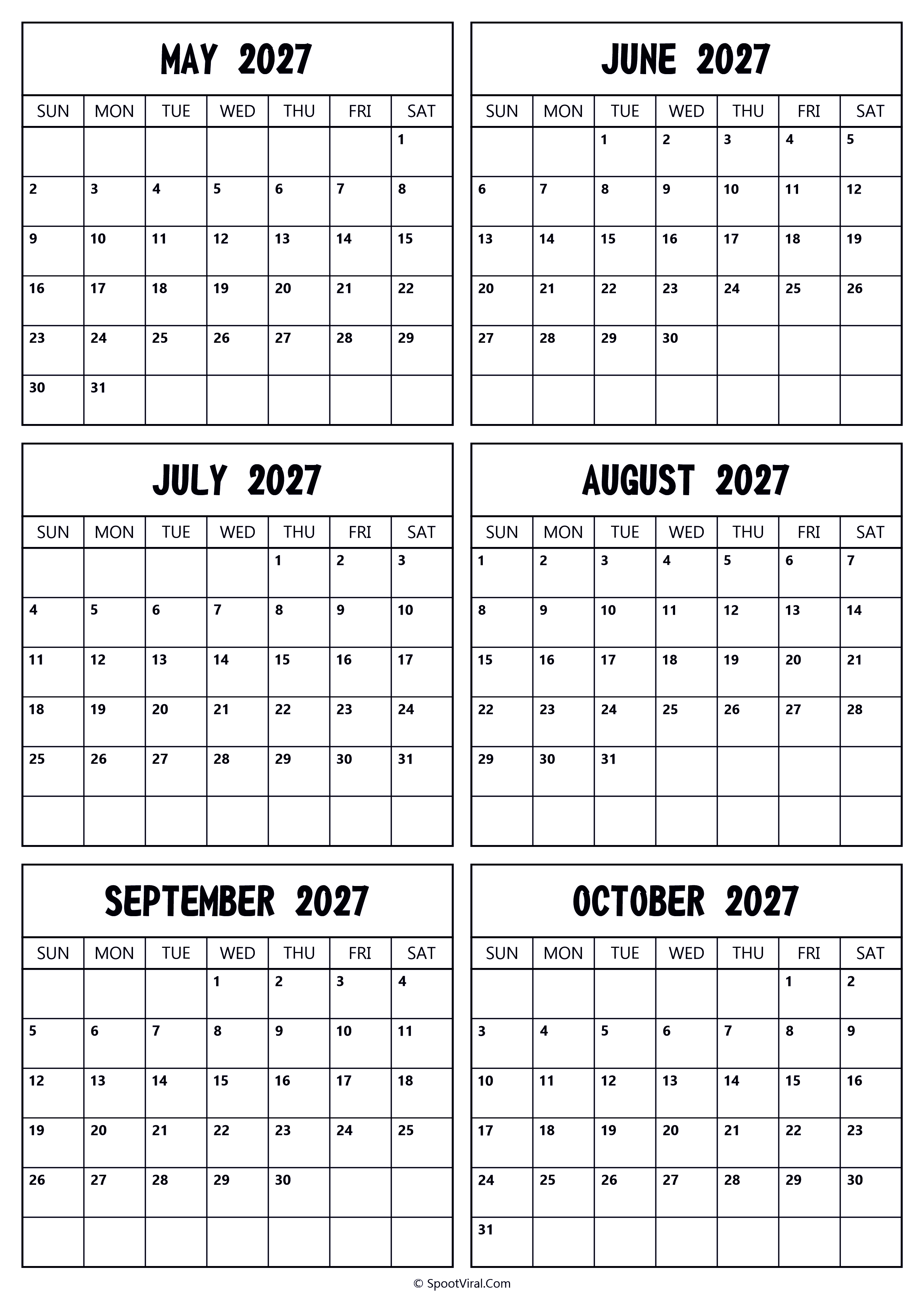 2027 May to October Calendar