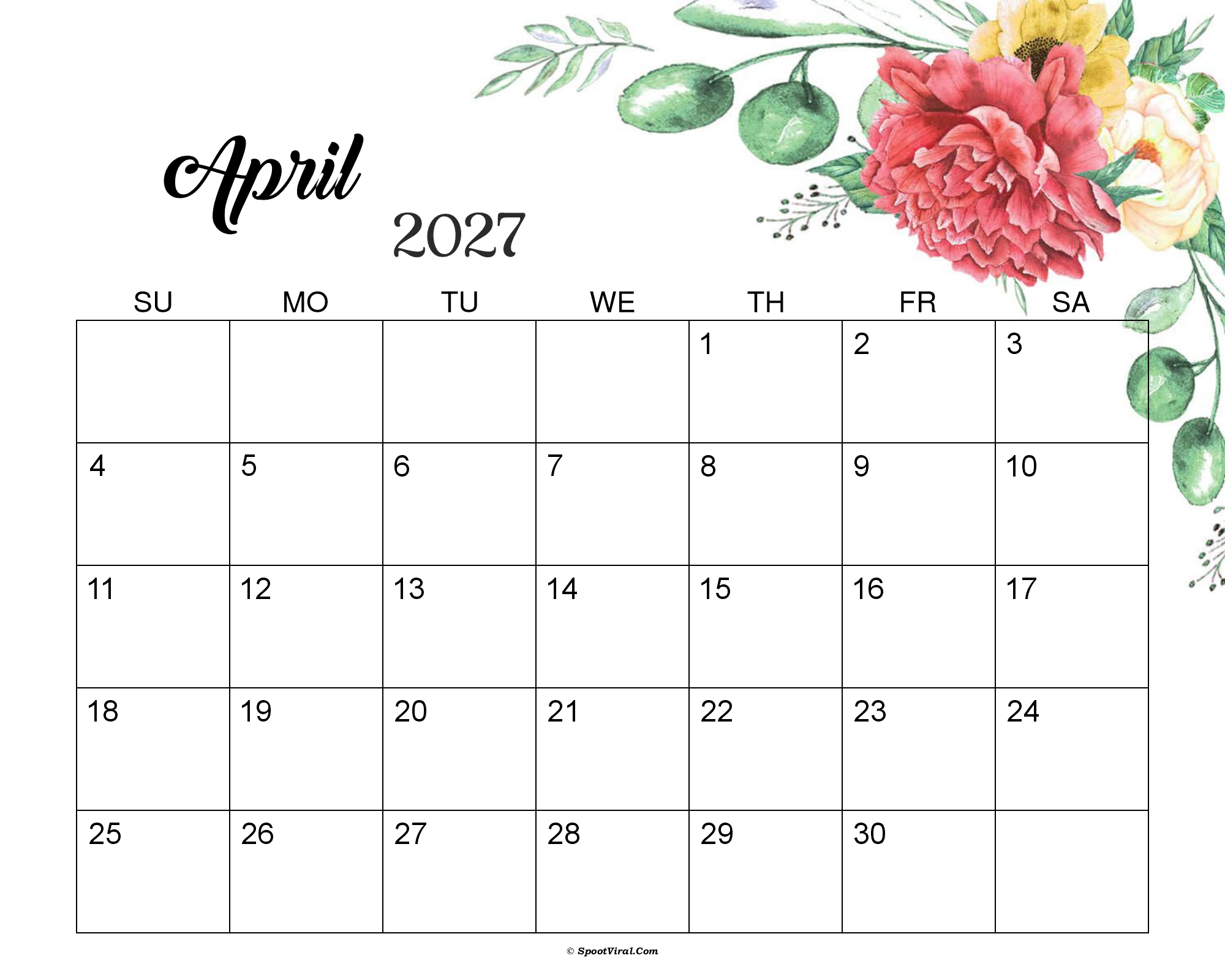 April 2027 Calendar Cute