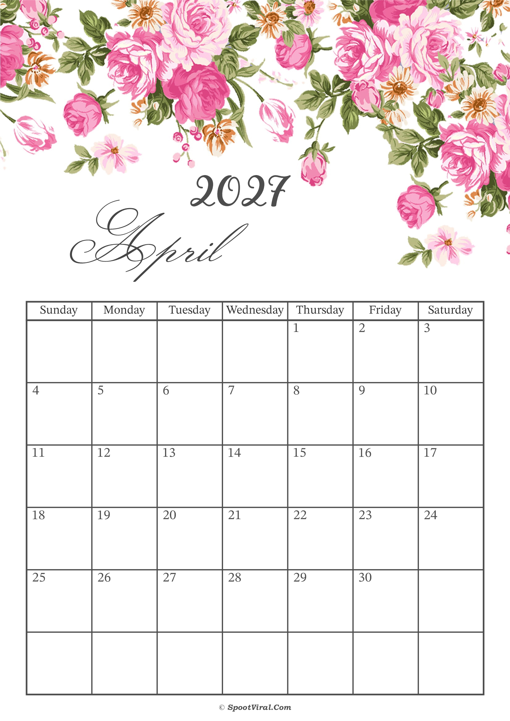 April 2027 Calendar Floral