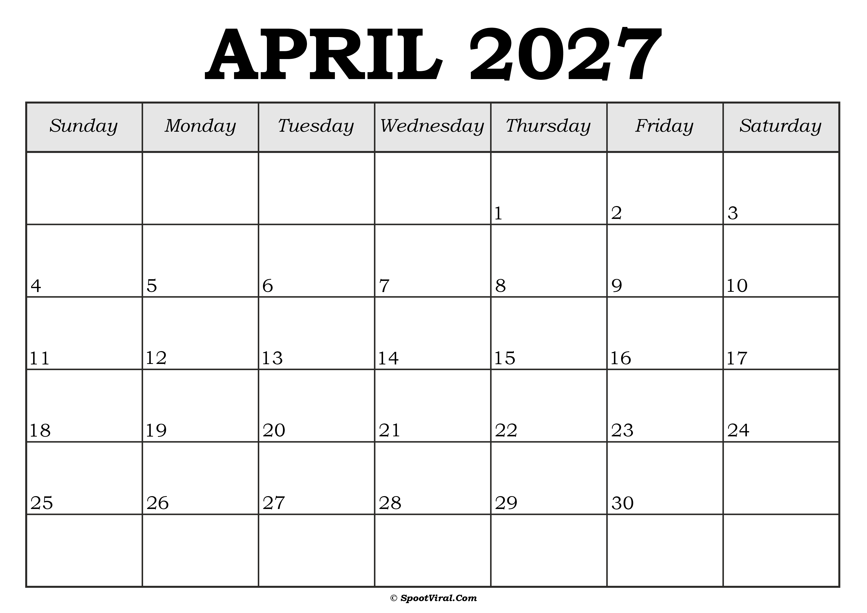 April 2027 Calendar Template