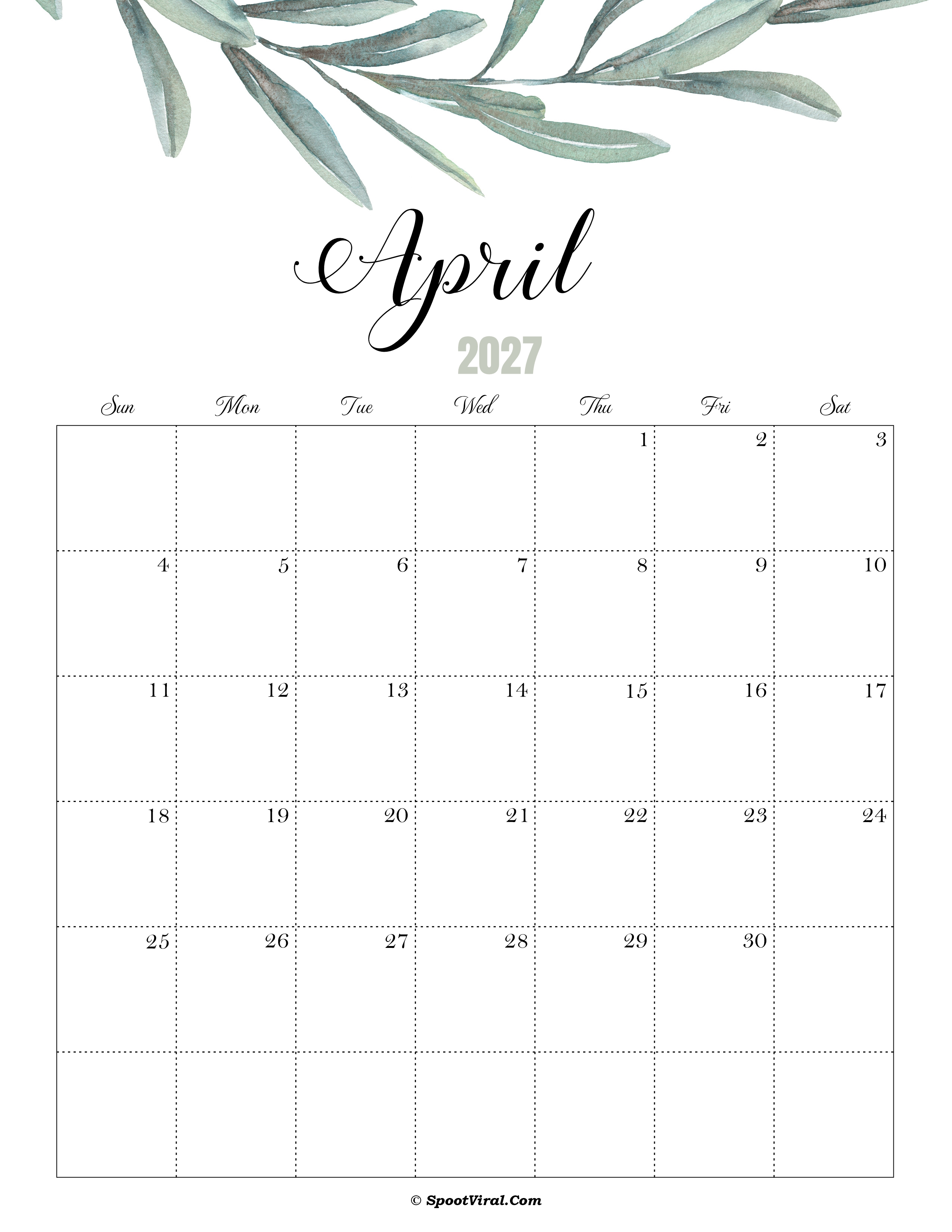 April Calendar 2027 Cute