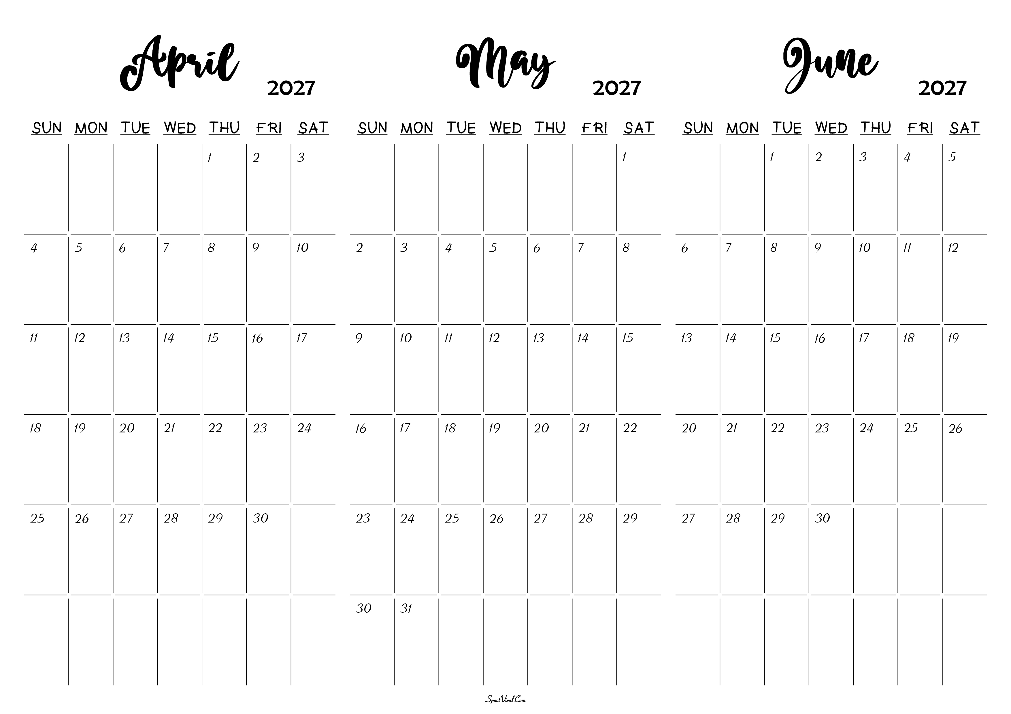April May June 2027 Calendar