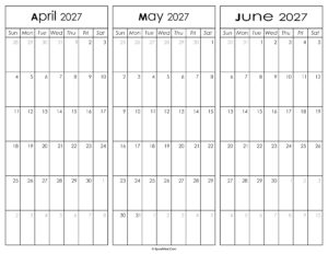 April May and June Calendar 2027