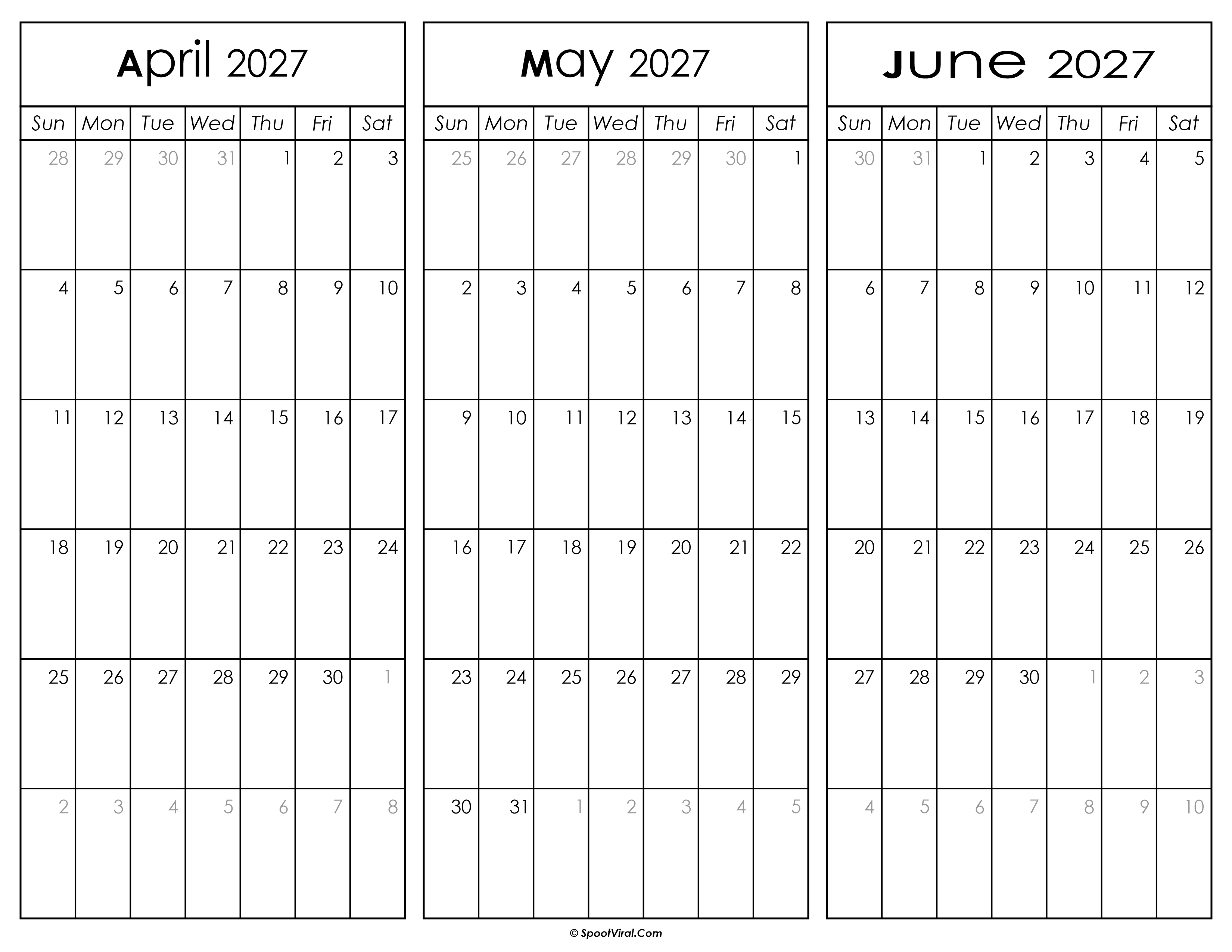 April May and June Calendar 2027